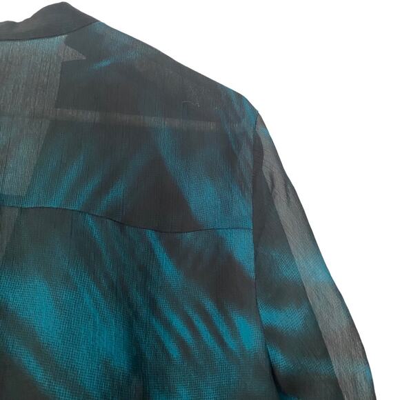 Halston Heritage Green Black Sheer Blouse Mock Wrap Drape Top size 14 - Picture 5 of 7